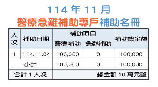 114年11月醫療急難補助專戶補助名冊
